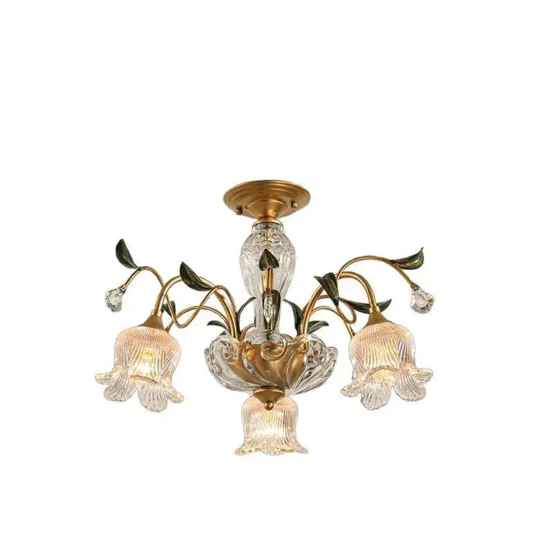 Elegant gold glass flower chandelier with three bell-shaped glass shades and crystal accents for lobby lighting