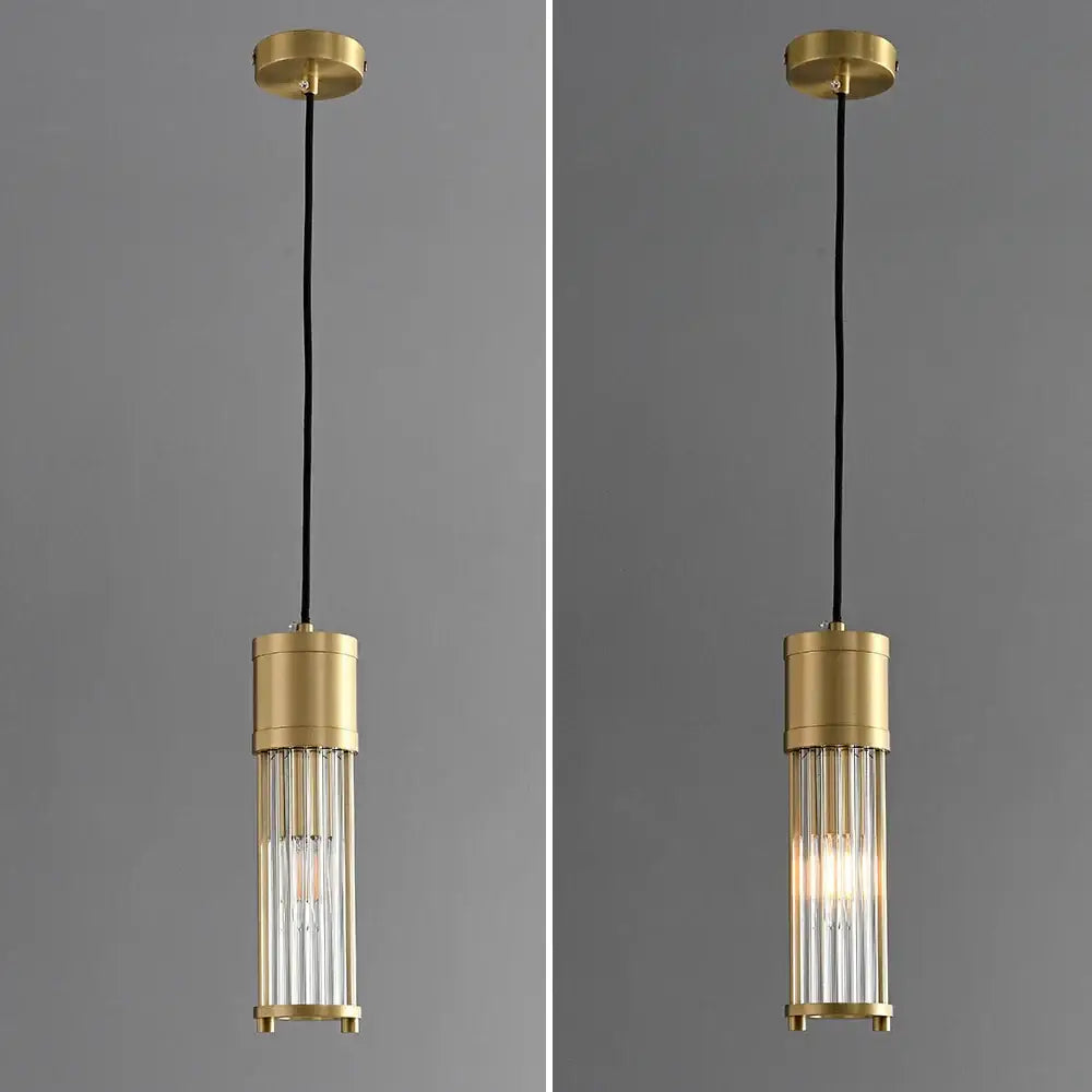 Elegant gold glass shade pendant lights with cylindrical design and vertical clear glass rods for kitchen and dining room