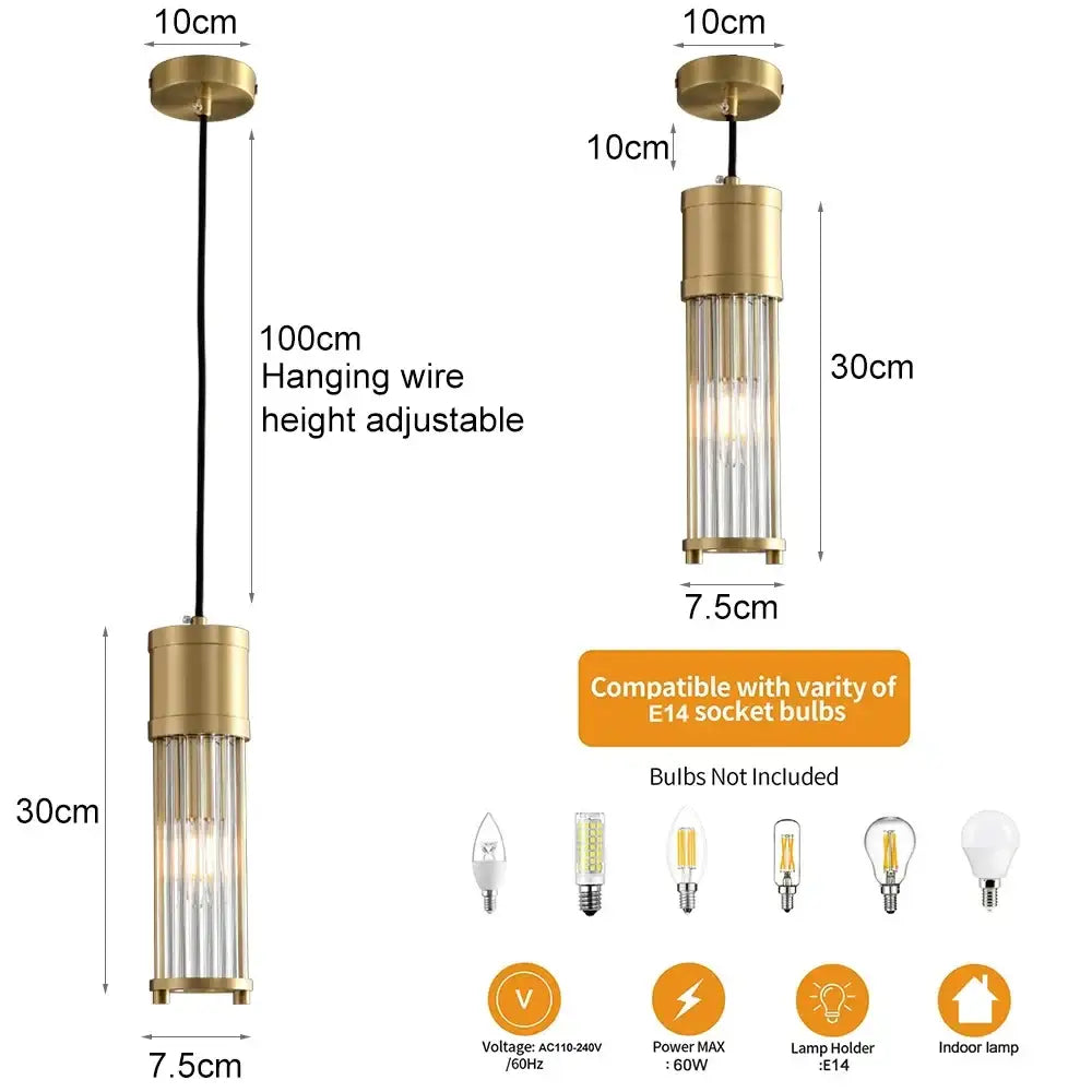 Gold-toned glass shade pendant lights with clear glass panels and brass finish for kitchen and dining room lighting