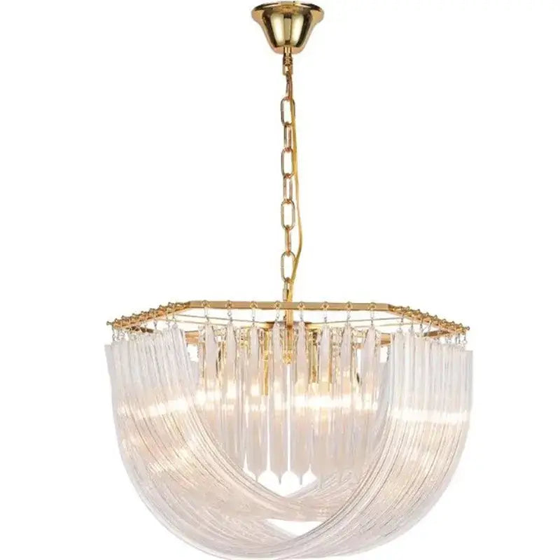Elegant gold glass tube pendant chandelier with cascading clear glass prisms on polished brass frame for dining room light