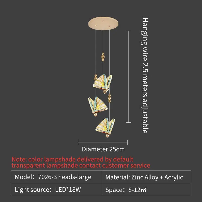 Elegant gold iridescent butterfly stairs bar pendant light with three translucent butterfly lampshades and zinc alloy base