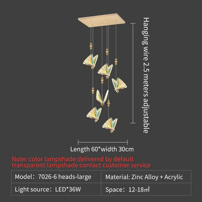 Elegant gold iridescent decorbites butterfly stairs pendant light with six translucent butterfly lampshades on wood base