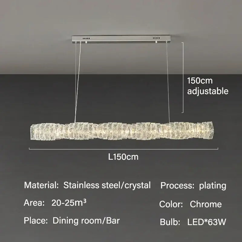 Elegant led crystal chandelier featuring chrome-finished stainless steel and textured pendant light for dining room use