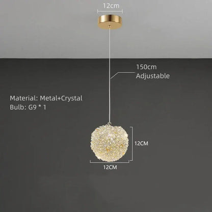 Elegant gold metal crystal pendant light with spherical design and adjustable chain for dining room decorbites gold metal
