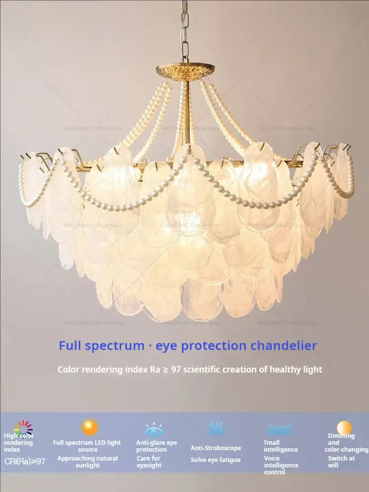 Elegant gold pearl shell chandelier garden light with cascading translucent shades and pearl strands for dining room