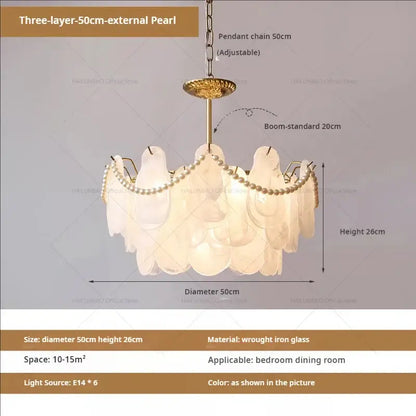 Elegant three-layer chandelier garden light with translucent white glass shells and gold-toned wrought iron frame for dining room