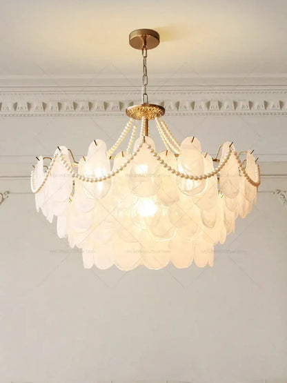 Elegant gold pearl shell chandelier garden light with translucent white glass shells and gold metal accents for dining room