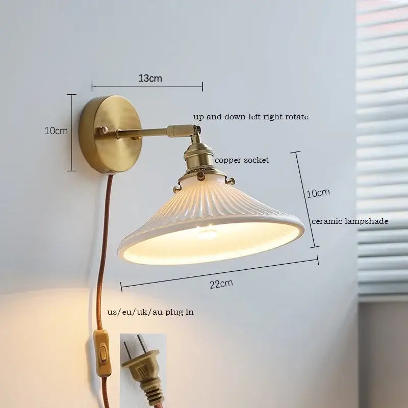 Elegant gold ruffled ceramic led wall light with antique brass finish and ribbed white ceramic shade for decorbites ceramic led wall