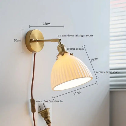 Brass-finished wall light with ribbed off-white ruffled ceramic led shade and adjustable copper socket by decorbites ceramic led