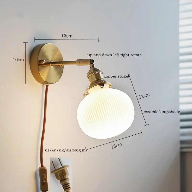 Elegant gold vintage-style wall light with ribbed ceramic led wall shade perfect for decorbites ceramic led bedroom decor