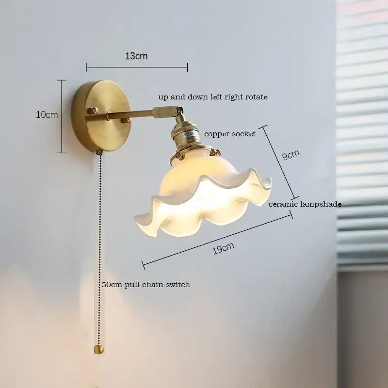 Elegant gold ruffled ceramic led wall light featuring brass and copper in vintage style for bedroom decorbites ceramic led wall