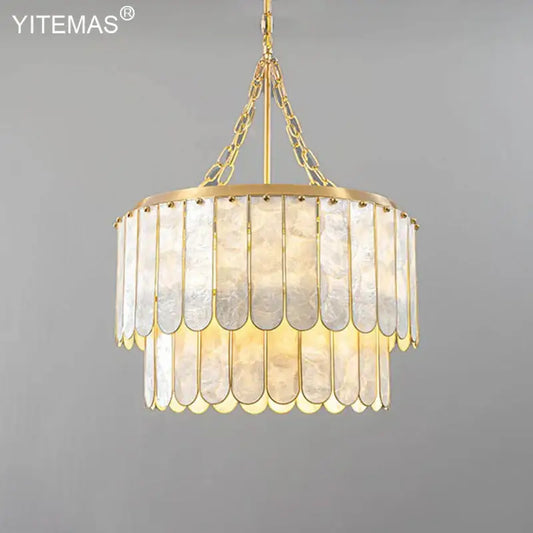 Elegant gold shell chandelier with two tiers of scalloped translucent shell panels by decorbites gold for living room decor