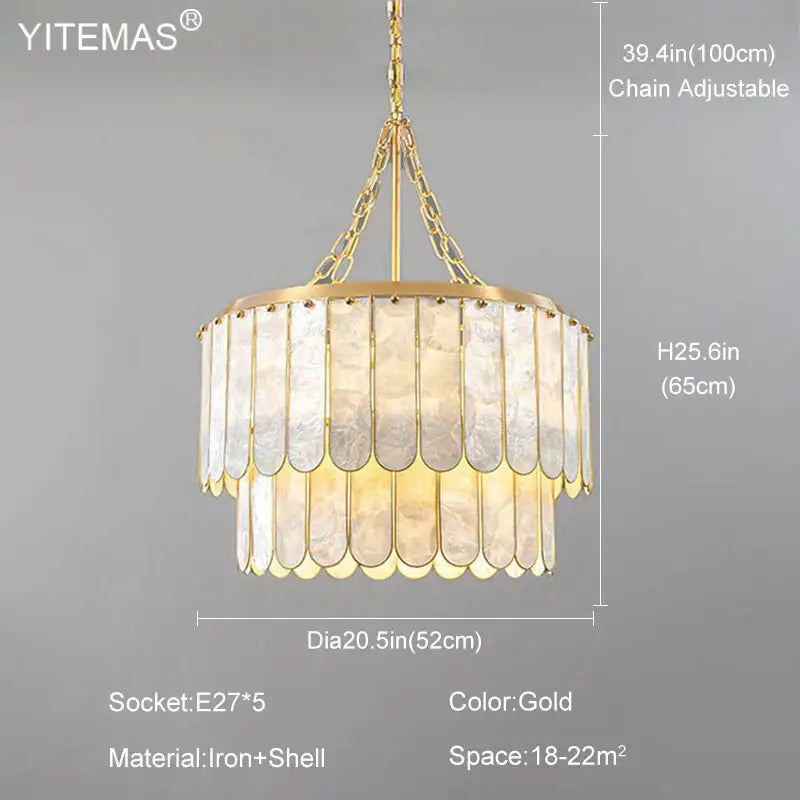 Elegant decorbites gold shell chandelier with layered translucent shell panels suspended from adjustable chain