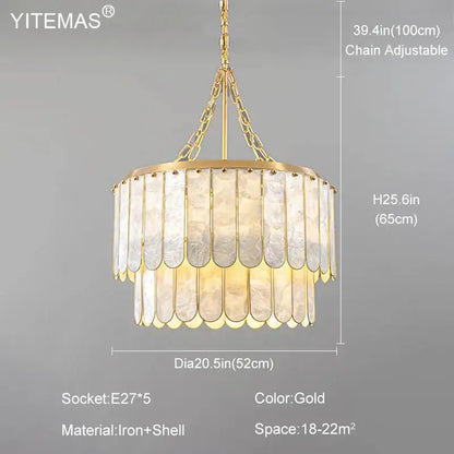 Elegant decorbites gold shell chandelier with layered translucent shell panels and adjustable chain for living room decor