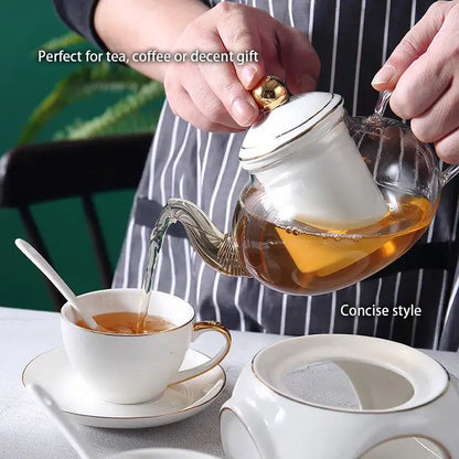 Clear glass teapot with white ceramic lid and gold-toned handle from decorbites gold white tea set with kitchen warmer