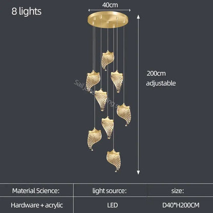 Elegant acrylic chandelier with gold-toned leaf-shaped pendant, eight LED lights, and adjustable height for living room