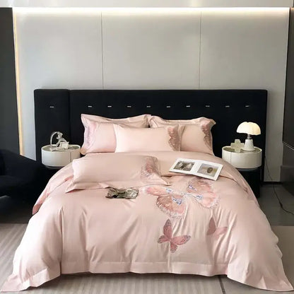 Pink satin bedding set with decorbites butterfly embroidery featuring elegant gray butterfly embroidery bedding design