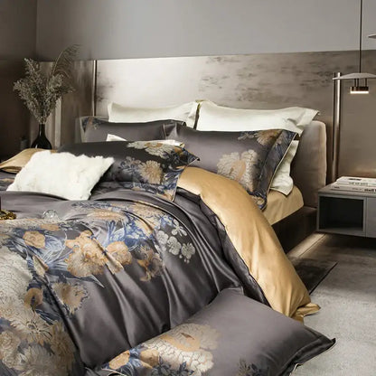 Luxurious dark gray satin 1500tc egyptian cotton bedding set with gold and blue floral embroidery and golden lining