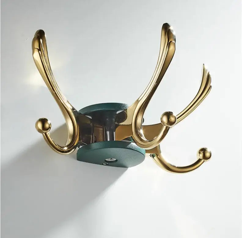 Elegant green gold zinc alloy single hook bathroom wall mount coat hook with gold curved design and teal circular base