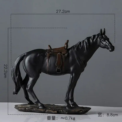 Elegant horse resin black horse figurine with brown saddle standing on rocky base for living room decor