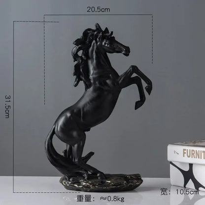 Elegant horse resin statue in black with glossy finish standing reared on rocky base for living room decor