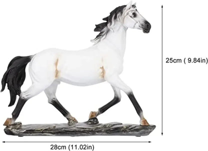 Elegant horse resin statue featuring a white and black horse figurine with detailed mane standing on a rocky base