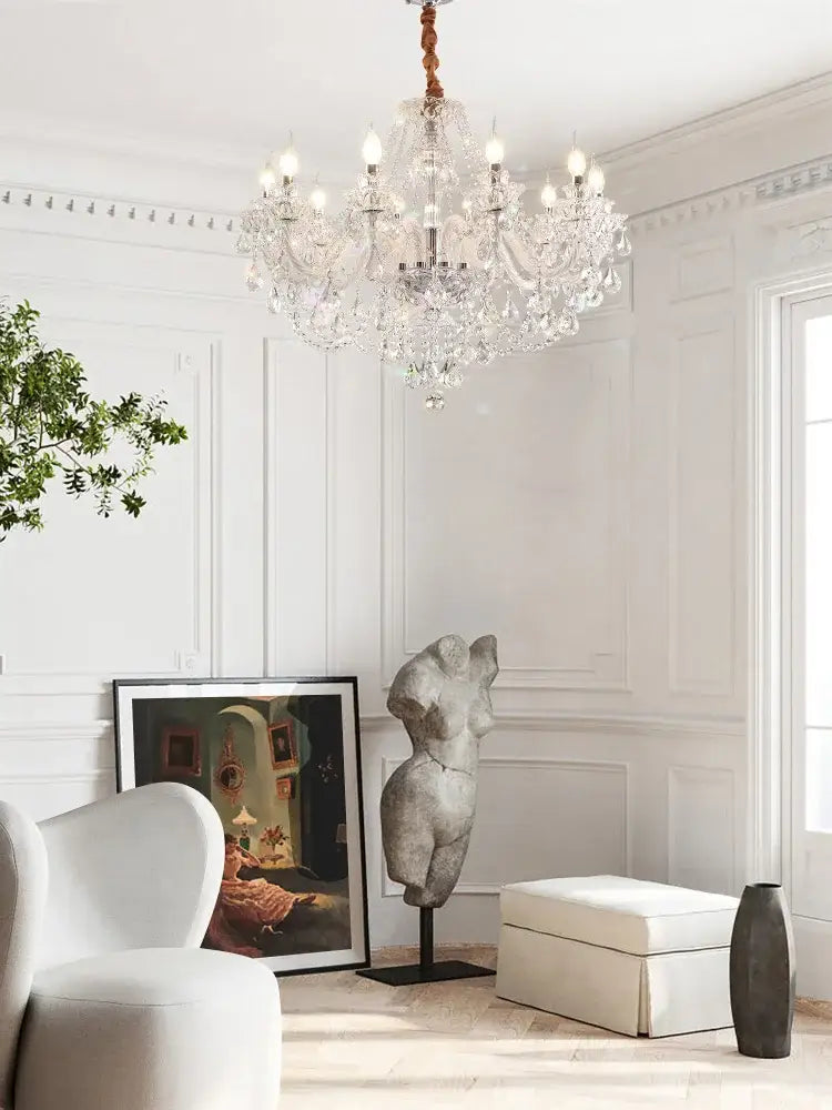 Elegant led crystal chandelier with multiple arms and hanging bulbs suspended from a braided rope for dining rooms
