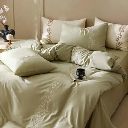 Elegant sage green satin bedding set with white floral embroidery for decorbites elegant lily brown cotton bedding