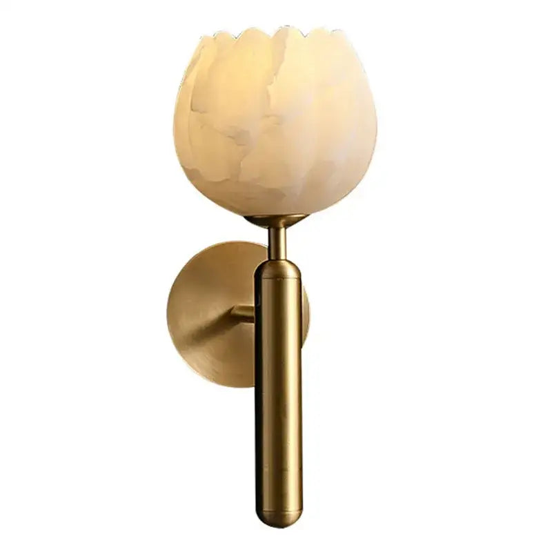 Elegant lotus gold and marble wall lamp with antique brass sconce and frosted cream opaline lotus glass shade for bedroom