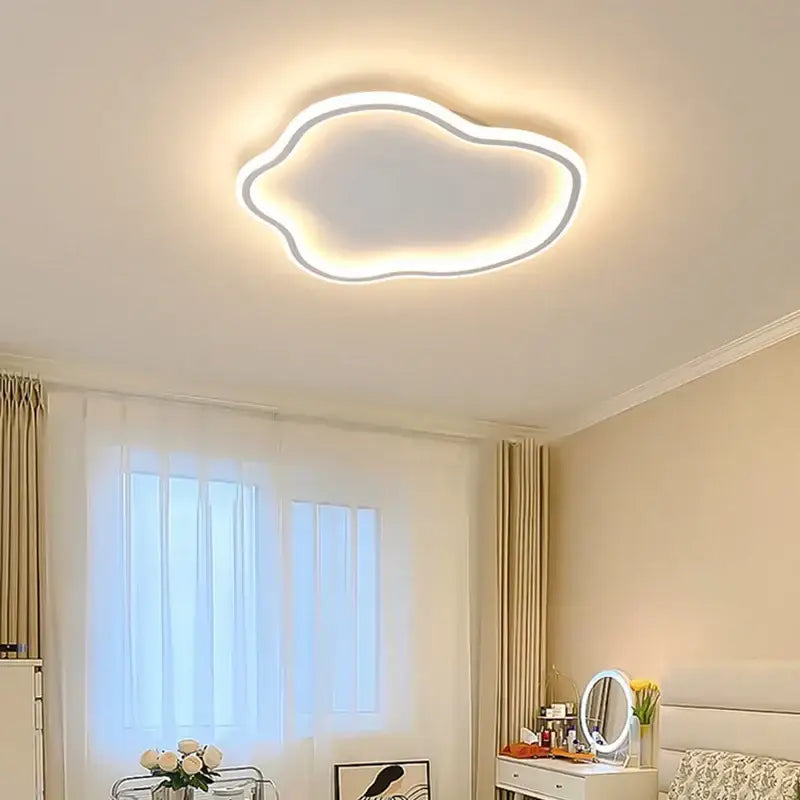 Elegant master bedroom chandelier modern white cloud led light with glowing outline and warm illumination by decorbites elegant master