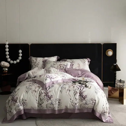 Lavender and white botanical print satin bedding set with purple trim in elegant mint floral decorbites eucalyptus fiber bedding