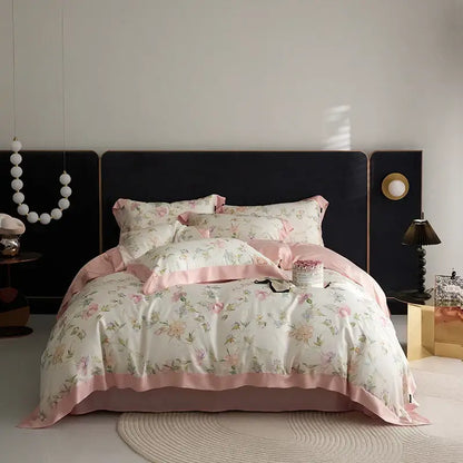 Delicate floral-patterned bedding set in pastel pink and cream with satin trim made from decorbites eucalyptus fiber