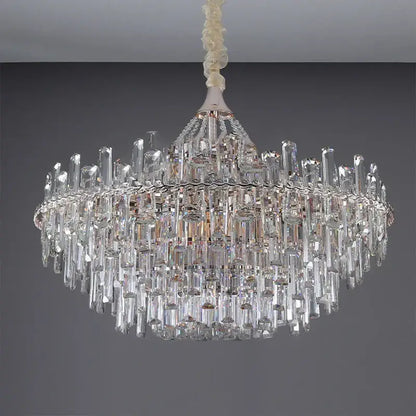 Elegant multi tiered crystal pendant lights with clear glass prisms and cream chain suspension for dining room decorbites elegant room