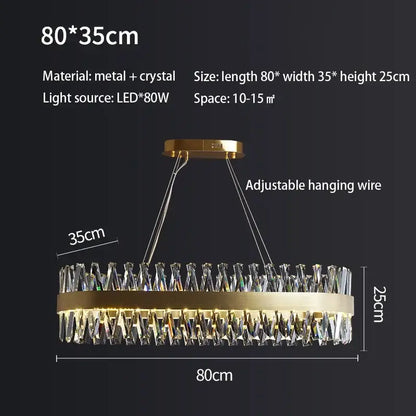 Elegant oval brushed gold rings crystal chandelier with gold-toned circular frame and dangling crystal prisms by Decorbites