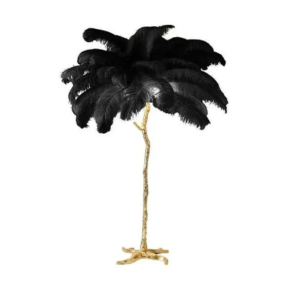 Elegant black ostrich feather floor lamp with gold-toned branch stand from decorbites elegant feather collection