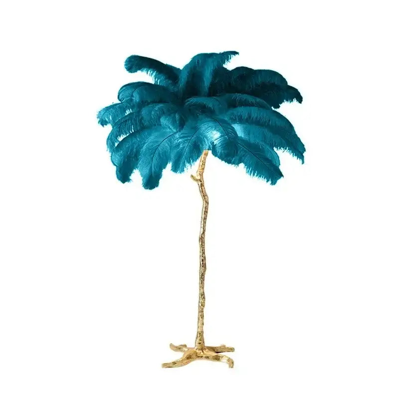 Teal ostrich feather floor lamp with gold-toned textured stem and base from decorbites elegant feather floor collection