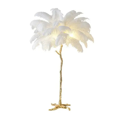 Elegant white ostrich feather floor lamp with gold-toned tree-like base by decorbites elegant feather for bedroom decor