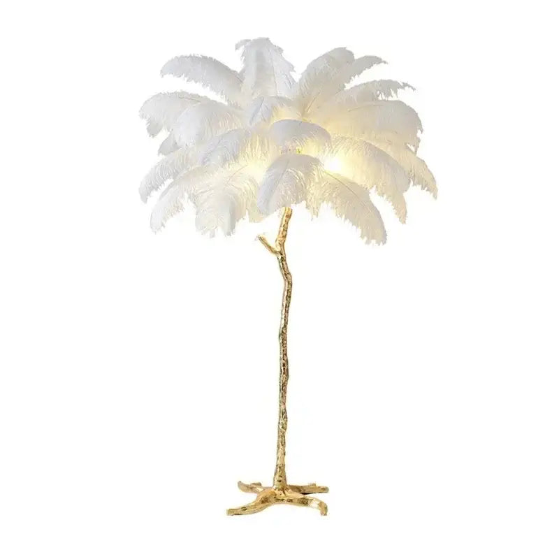 Elegant white ostrich feather floor lamp with gold-toned tree-like base by decorbites elegant feather for bedroom decor