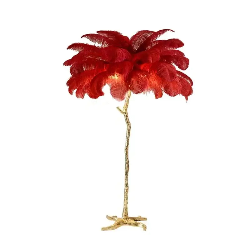 Elegant pink ostrich feather floor lamp with a striking red shade and gold branch base for decorbites elegant feather decor