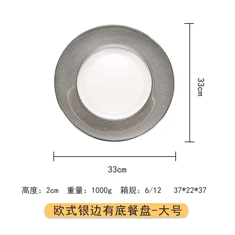 A round 33cm diameter european-style white glass steak and pasta plate with a silver-edged rim from tableware collection