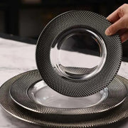Elegant silver glass steak and pasta plate with textured diamond rim enhances your dining experience