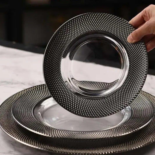 Elegant silver glass steak and pasta plate with textured diamond rim enhances your dining experience
