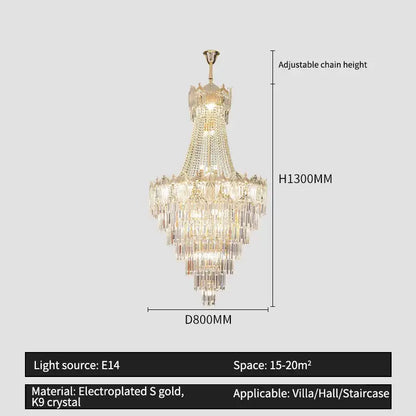 Luxurious gold multi-tiered simple staircase chandelier with k9 crystal prisms for elegant decorbites elegant simple spaces