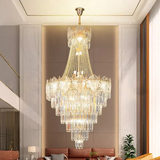 Elegant simple staircase chandelier with gold crystal accents and clear glass prisms for modern decorbites living room decor