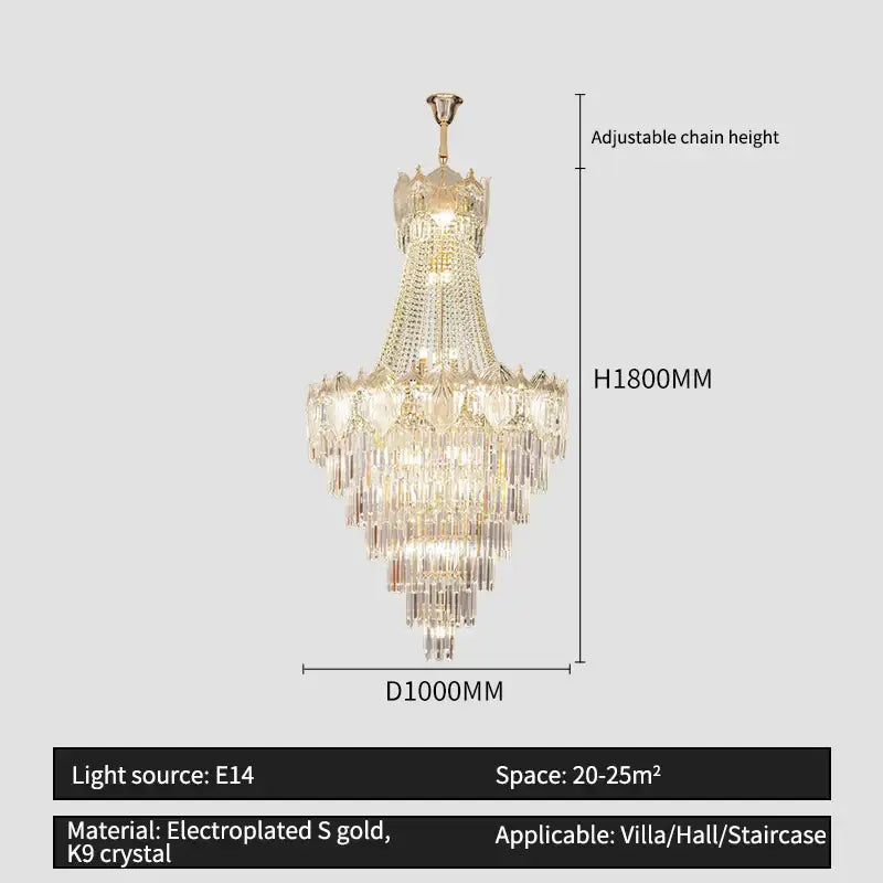 Gold-plated elegant simple staircase chandelier with cascading clear k9 crystal tiers for villa or living room decorbites light