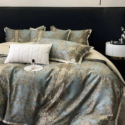 Elegant teal satin duvet cover with intricate gold floral embroidery and matching pillowcases luxury bedding set
