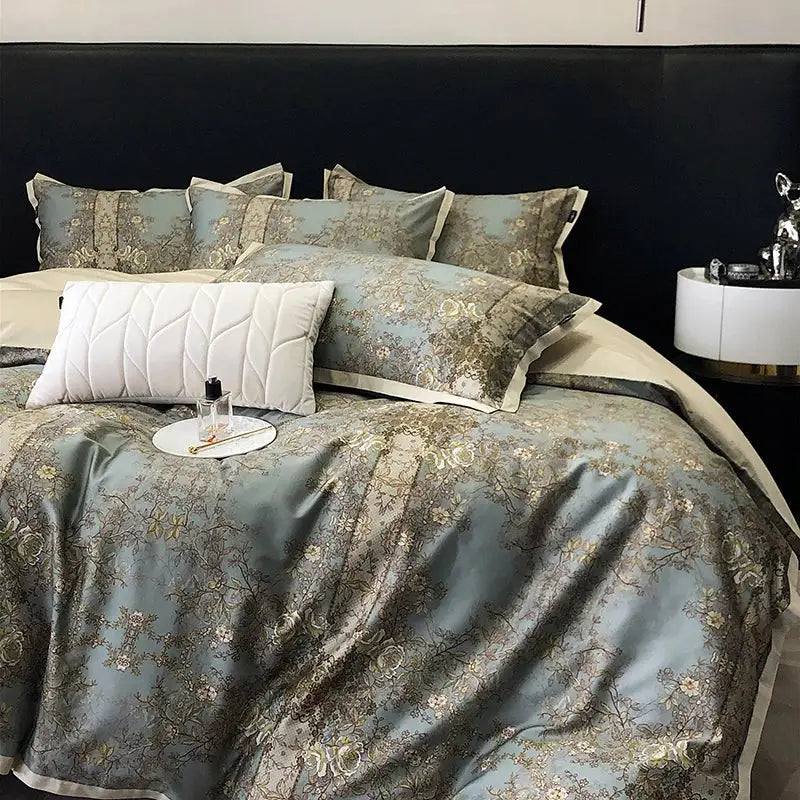 Elegant teal satin duvet cover and pillowcases with intricate gold floral embroidery luxury bedding set for bedroom