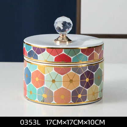 Elegant white and gold crystal ball ceramic jewelry box with colorful geometric pattern and faceted crystal knob by decorbites