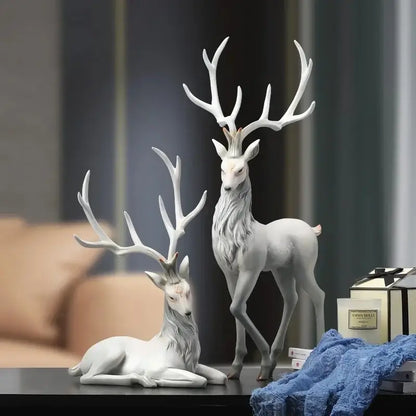 Elegant white ceramic elk figurine with detailed antlers and textured fur for living room decorbites deer sculpture