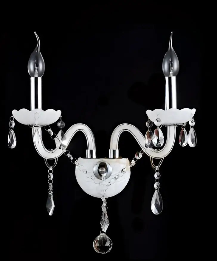 Elegant white crystal wall lamp featuring silver and clear crystal candle arms with teardrop crystals for decorbites crystal wall use